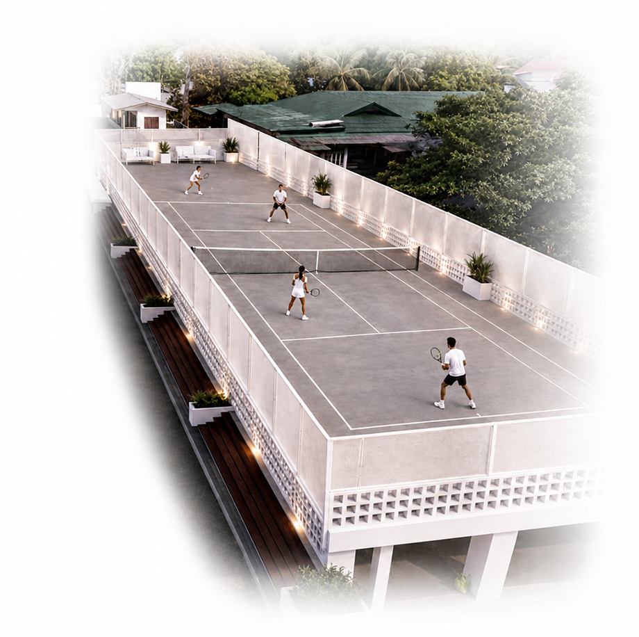 Rooftop multi-purpose court at Bulod, with players and lounge seating
